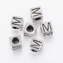 Antique Silver 304 Stainless Steel Large Hole Letter European Beads, Cube with Letter.M, Antique Silver, 8x8x8mm, Hole: 5mm