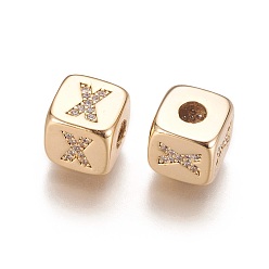 Letter X Brass Micro Pave Cubic Zirconia Beads, Horizontal Hole, Real 18K Gold Plated, Long-Lasting Plated, Cube with Letter, Clear, Letter.X, 9x9x9mm, Hole: 3.5mm