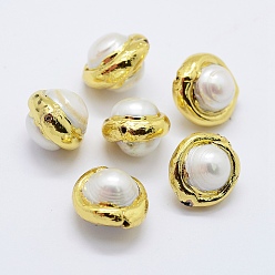 White Natural Cultured Freshwater Pearl Beads, Edge Golden Plated, Round, White, 15x13~14x10.5~11mm, Hole: 0.5mm