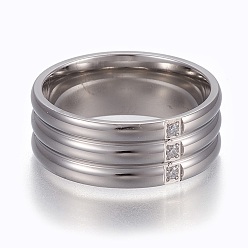 Stainless Steel Color 304 Stainless Steel Finger Rings, Wide Band Ring, with Rhinestone, Crystal, Size 6~10, Stainless Steel Color, 16~20mm