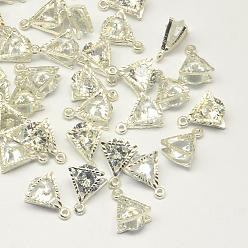 Silver Alloy Charms, with Cubic Zirconia, Triangle, Clear, Silver Color Plated, 11x9x5mm, Hole: 1mm