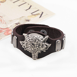 Coconut Brown Punk Rock Wolf Alloy Cowhide Cord Studded Bracelets, Coconut Brown, 230x43 mm