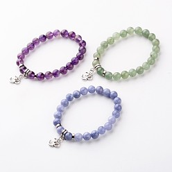 Mixed Stone Alloy Om Symbol Charm Bracelets, with Natural Gemstone Round Bead, Antique Silver, 56mm, about 22pcs/strand