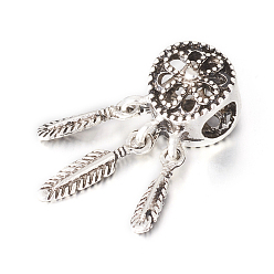 Antique Silver Alloy European Beads, Large Hole Beads, with CCB Plastic Feather Charms, Woven Net/Web with Feather, Antique Silver, 27.5x10.5x9mm, Hole: 5mm, Charm: 15x3.5x1.5mm