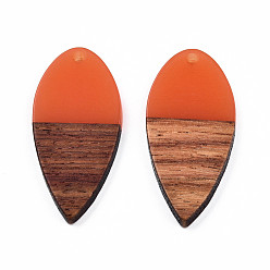 Coral Transparent Resin & Walnut Wood Pendants, Teardrop Shape Charm, Coral, 38x18x3mm, Hole: 2mm
