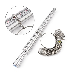 Platinum Jewelry Measuring Tool Sets, with Aluminium Ring Size Sticks Ring Mandrel and Alloy American Calibration Ring Sizers Professional Model, Platinum, Stick: 250x25mm, Ring: 11~22mm, 28pcs/set