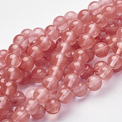 Saumon Perles de verre de quartz cerise brins, ronde, Saumon, 8mm, Trou: 1mm, Environ 46 pcs/chapelet, 15.2 pouce
