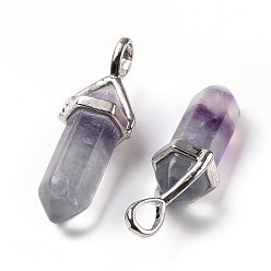 Fluorite Natural Colorful Fluorite Pendants, Faceted, with Platinum Tone Brass Findings, Lead free & Cadmium Free, Bullet, 27~30x9~10x7~8mm, Hole: 4x3mm