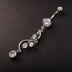 Crystal Piercing Jewelry Real Platinum Plated Brass Rhinestone S Shape Navel Ring Belly Rings, Crystal, 63x9mm, Bar Length: 3/8"(10mm), Bar: 14 Gauge(1.6mm)
