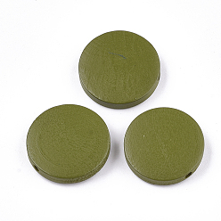 Olive Painted Natural Wood Beads, Flat Round, Olive, 19~20x4~5mm, Hole: 2mm