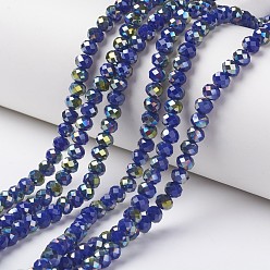 Medium Blue Electroplate Opaque Glass Beads Strands, Half Green Plated, Faceted, Rondelle, Medium Blue, 4x3mm, Hole: 0.4mm, about 130pcs/strand, 16.54 inch(42cm)