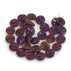 Mixed Color Electroplate Non-magnetic Synthetic Hematite Beads Strands, Flat Round with Tree of Life, Mixed Color, 12~12.5x4~4.5mm, Hole: 1mm, about 30pcs/strand, 14.56 inch