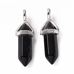Obsidian Natural Obsidian Pendants, Faceted, with Platinum Tone Brass Findings, Lead free & Cadmium Free, Bullet, 27~30x9~10x7~8mm, Hole: 4x3mm