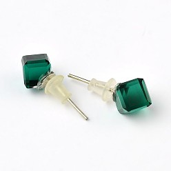 Emerald Shiny Glass Rhinestone Stud Earrings, with Platinum Brass Ear Stud Components, Emerald, 9x7mm, Pin: 0.7mm