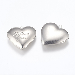 Stainless Steel Color 316 Stainless Steel Locket Pendants, Photo Frame Charms for Necklaces, Heart with Phrase I Love You, For Valentine's Day, Stainless Steel Color, 29x29x7mm, Hole: 2mm, Inner Size: 16.5x21.5mm