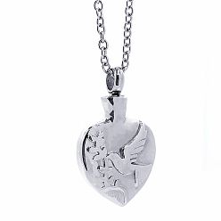 Platinum Alloy Heart with Bird Urn Ashes Pendant Necklace, Memorial Jewelry for Men Women, Platinum, 19.69 inch(50cm)