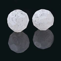 Blanc Motif de dentelle peint à la bille en acrylique transparent, facette, ronde, blanc, 19~20mm, Trou: 3mm