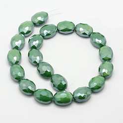 Green Electroplate Glass Beads Strands, Pearl Luster Plated, Faceted Oval, Green, 16x12x7mm, Hole: 1mm, about 20pcs/strand, 11.8 inch