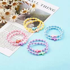 Mixed Color Opaque Acrylic Stretch Beaded Bracelets for Kids, with ABS Plastic Imitation Pearl Beads, Round & Cross, Mixed Color, Inner Diameter: 1-3/4 inch(4.6cm)