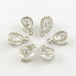 Platinum Teardrop Alloy Charms, with Cubic Zirconia, Platinum, 13x8x6mm, Hole: 1mm