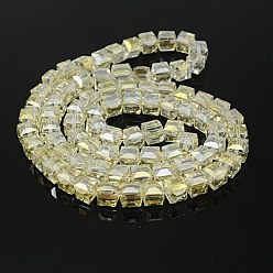 Champagne Yellow Electorplated Glass Beads, Rainbow Plated, Faceted, Cube, Champagne Yellow, 10~11x10~11x10~11mm, Hole: 1mm