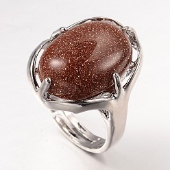 Goldstone Adjustable Oval Gemstone Wide Band Rings, with Platinum Tone Brass Findings, US Size 7 1/4(17.5mm)