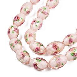Pink Handmade Silver Foil Glass Lampwork Beads, Oval with Flower, Pink, 16~17x9~11mm, Hole: 1.5~2mm