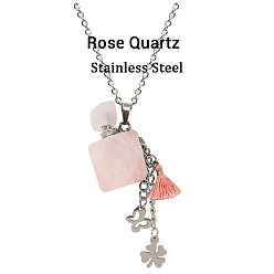 Quartz Rose Collier pendentif bouteille de parfum en quartz rose naturel avec fleur papillon en acier inoxydable et breloques pompon, bijoux de fiole d'huile essentielle pour les femmes, 18.11 pouce (46 cm)