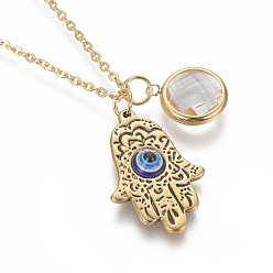 Golden 304 Stainless Steel Pendant Necklaces, with Plastic Beads and Glass, Hamsa Hand/Hand of Fatima/Hand of Miriam with Eye, Golden, 17.7 inch(45cm), 1mm