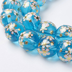 Deep Sky Blue Handmade Lampwork Beads Strands, Flower Picture Brushwork, Round, Deep Sky Blue, 11~12mm, Hole: 1mm, about 30pcs/strand, 13.31 inch(33.8cm)