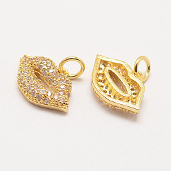 Real 18K Gold Plated Brass Micro Pave Grade AAA Cubic Zirconia Charms, Long-Lasting Plated, Lip, Cadmium Free & Nickel Free & Lead Free, Real 18K Gold Plated, 10x15x3mm, Hole: 3mm