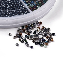 Mixed Color 12/0 Grade A Electroplated Glass Seed Beads, Iris Round, Mixed Color, 2x1.5mm, Hole: 0.3mm, 6colors, about 360~400pcs/color, about 2160~2400pcs/box