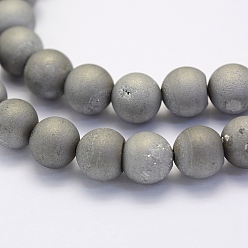 Platinum Plated Electroplate Natural Druzy Agate Beads Strands, Dyed, Round, Frosted, Platinum Plated, 14mm, Hole: 1mm, about 28pcs/strand, 15.7 inch(40cm)