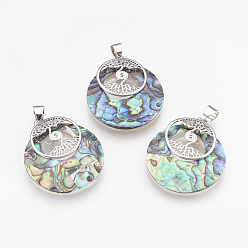 Mixed Shell Shell Pendants, with Platinum Tone Brass Findings, Flat Round with Tree of Life, 32x28x6mm, Hole: 4x5mm