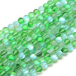 Vert Printanier Brins synthétiques de perles de lune, perles holographiques, demi couleur ab plaqué, givré, ronde, vert printanier, 10mm, Trou: 1mm, Environ 37 pcs/chapelet, 15 pouce