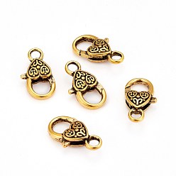 Antique Golden Tibetan Style Heart Lobster Claw Clasps, Cadmium Free & Lead Free, Antique Golden, 26.5x14x6mm, Hole: 4mm