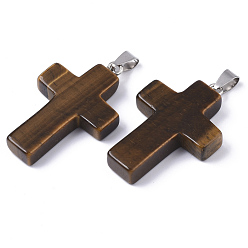 Tiger Eye Natural Tiger Eye Pendants, with Random Stainless Steel Snap On Bails, Cross, 44~46x27~29x6~8mm, Hole: 4x8mm