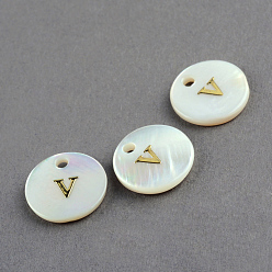 Letter V Freshwater Shell Pendants, Flat Round with Gold Blocking Letter.V, 11.5x2mm, Hole: 1.5mm