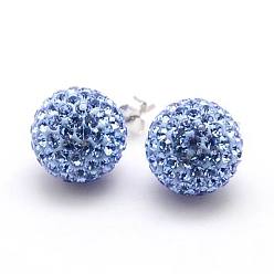 206_Sapphire 925 Sterling Silver Austrian Crystal Rhinestone Ear Studs, with Ear Nuts, Round, 206_Sapphire, 12mm, Pin: 0.8mm