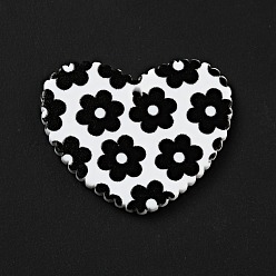 Noir Pendentifs acryliques imprimés, coeur avec motif de fleurs, noir, 26x31.5x2mm, Trou: 1.5mm