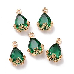 Emerald Rhinestone Pendants, with Light Gold Alloy Settings, Teardrop with Flower, Emerald, 20x12.5x6mm, Hole: 1.8mm