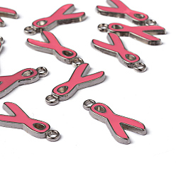 Pink October Breast Cancer Pink Awareness Ribbon Alloy Enamel Pendants, Lead Free and Cadmium Free, Platinum Metal Color, 19x8x1mm, Hole: 2mm