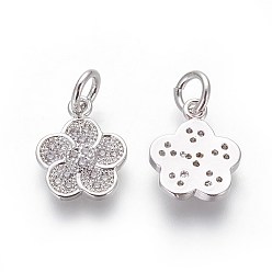 Platinum Brass Micro Pave Cubic Zirconia Charms, Lead Free & Cadmium Free, Clear, Flower, Platinum, 12x9.5x2mm, Hole: 3mm
