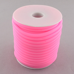 Pink Synthetic Rubber Cord, Hollow, with White Plastic Spool, Pink, 5mm, Hole: 3mm, about 10.93 yards(10m)/roll