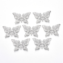 Platinum Iron Pendants, Etched Metal Embellishments, Butterfly, Platinum, 26x39x1mm, Hole: 1mm