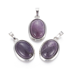 Amethyst Natural Amethyst Pendants, with Brass Findings, Oval, Platinum, 25~26x17~17.5x8~9mm, Hole: 8x5mm