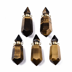 Tiger Eye Faceted Natural Tiger Eye Pendants, Openable Perfume Bottle, with Golden Tone Brass Findings, Hexagon, 40~41.5x15x13.5mm, Hole: 1.8mm, Bottle Capacity: 1ml(0.034 fl. oz)