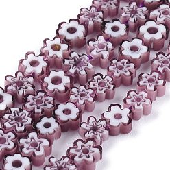 Pourpre Main millefiori perles de verre brins, fleur, pourpre, 4~7.2x2.6mm, Trou: 1mm, Environ 60~69 pcs/chapelet, 16 pouce (40 cm)