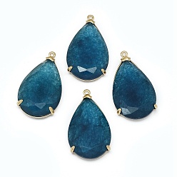 Prussian Blue Natural Jade Pendants, with Brass Findings, Faceted, teardrop, Dyed, Golden, Prussian Blue, 31.5~32.5x18~18.5x5.5~6mm, Hole: 1.4mm