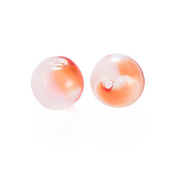 Coral Transparent Handmade Blown Glass Globe Beads, Two Tone, Round, Coral, 12~13mm, Hole: 1~1.8mm